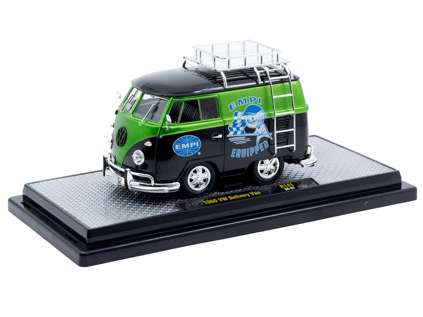 1960 Volkswagen Delivery Van "EMPI Equipped" Black and Green Metallic with Roof Rack and Ladder Limited Edition to 4050 pieces Worldwide 1/24 Diecast Model Car by M2 Machines - Image 2