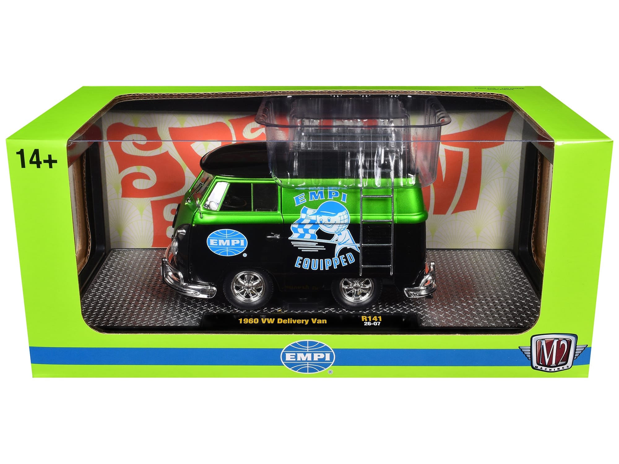 1960 Volkswagen Delivery Van "EMPI Equipped" Black and Green Metallic with Roof Rack and Ladder Limited Edition to 4050 pieces Worldwide 1/24 Diecast Model Car by M2 Machines - Image 3
