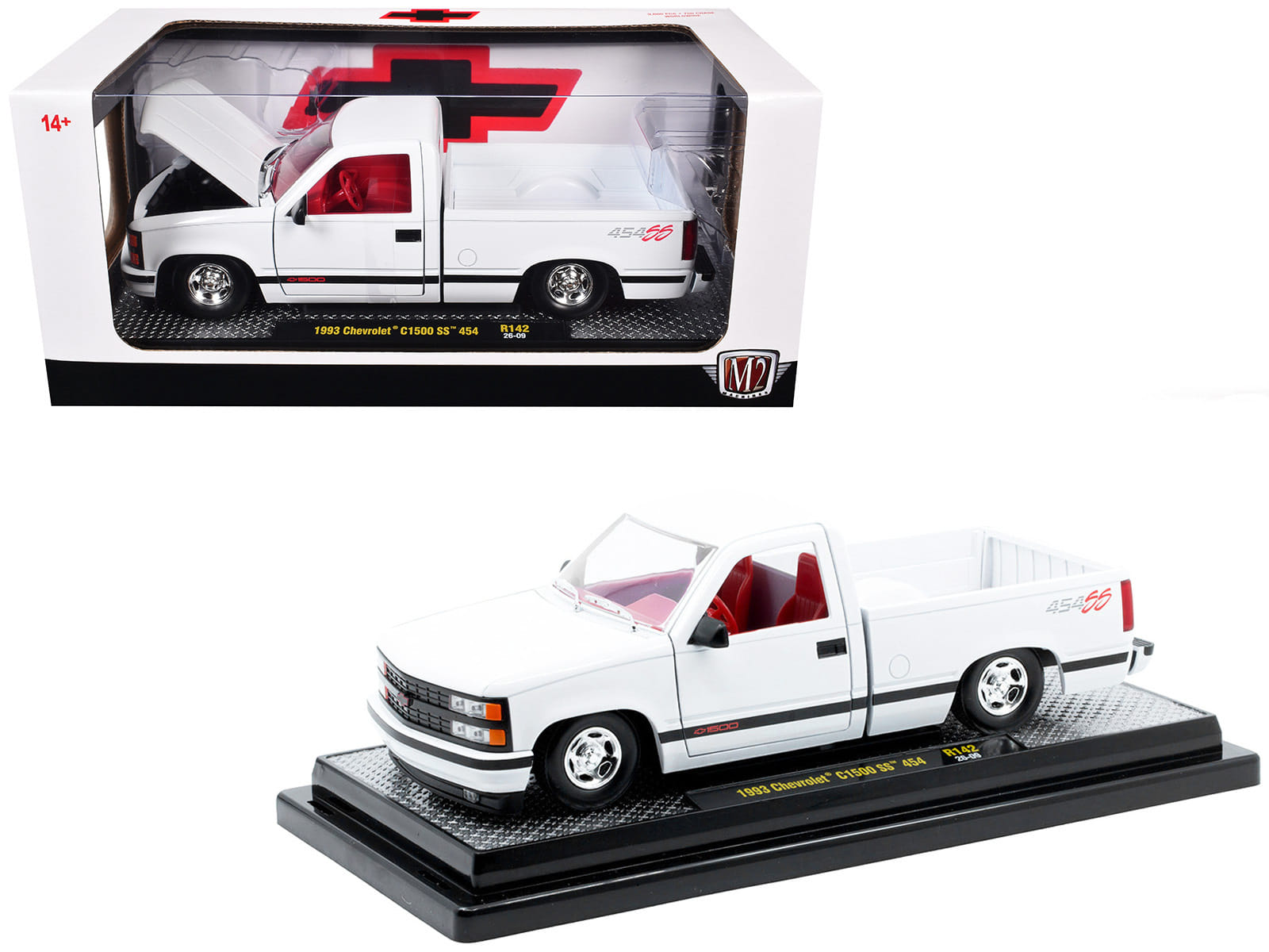 1993 Chevrolet C1500 SS 454 Pickup Truck White with Red Interior Limited Edition to 9600 pieces Worldwide 1/24 Diecast Model Car by M2 Machines