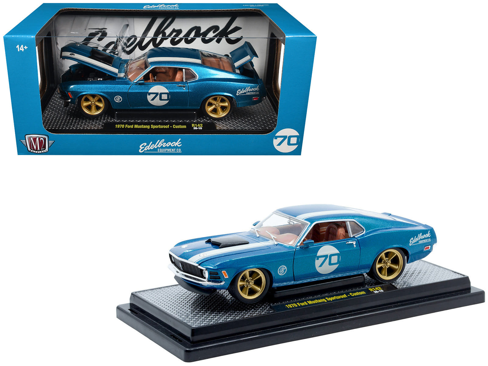 1970 Ford Mustang Sportsroof #70 Blue Metallic with White Stripes Limited Edition to 4050 pieces Worldwide 1/24 Diecast Model Car by M2 Machines