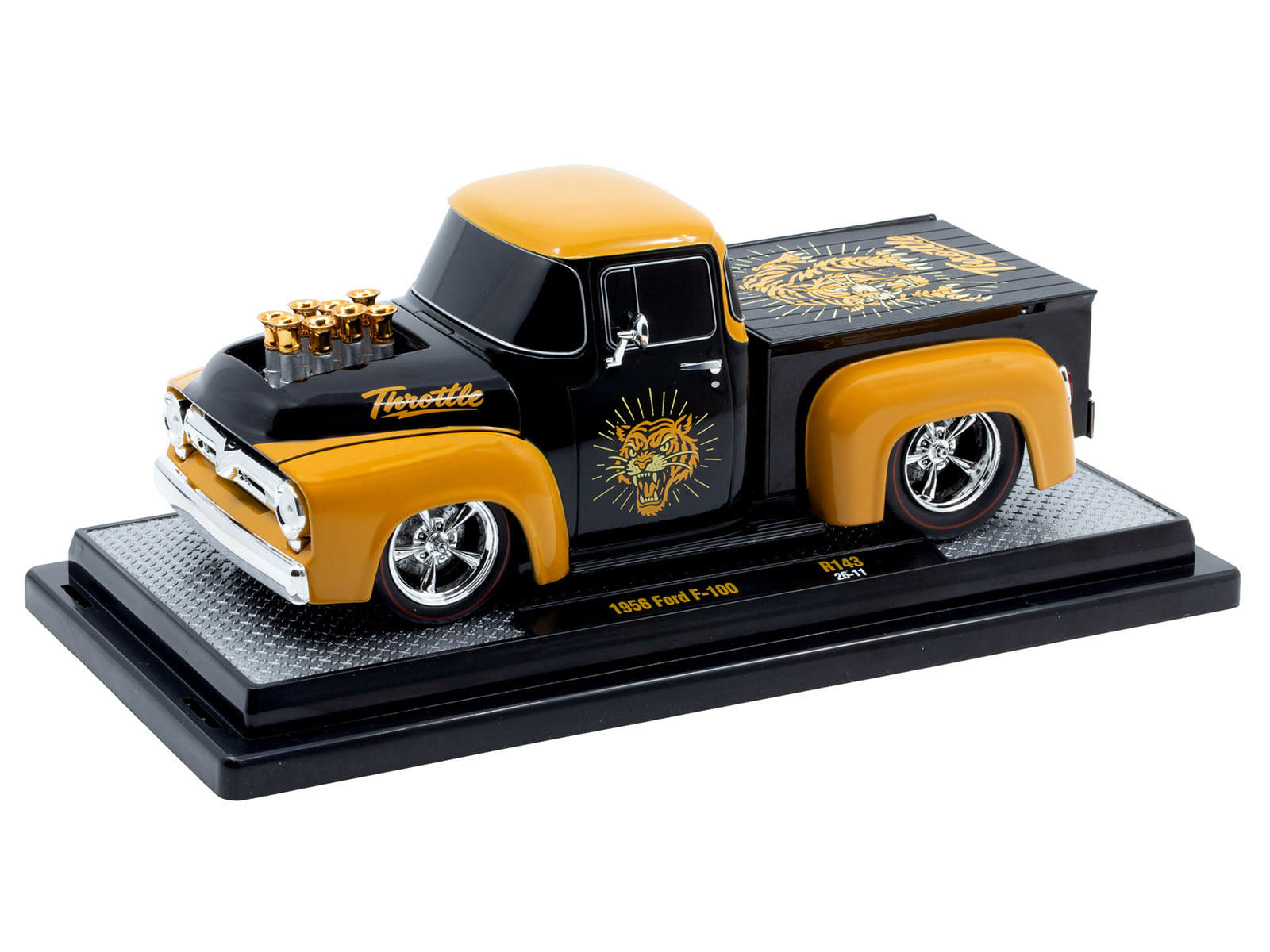 1956 Ford F-100 Pickup Truck "Throttle" Black with Brown Top and Fenders with Graphics Limited Edition to 6250 pieces Worldwide 1/24 Diecast Model Car by M2 Machines - Image 2