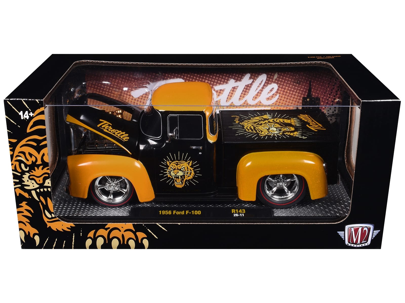 1956 Ford F-100 Pickup Truck "Throttle" Black with Brown Top and Fenders with Graphics Limited Edition to 6250 pieces Worldwide 1/24 Diecast Model Car by M2 Machines - Image 3