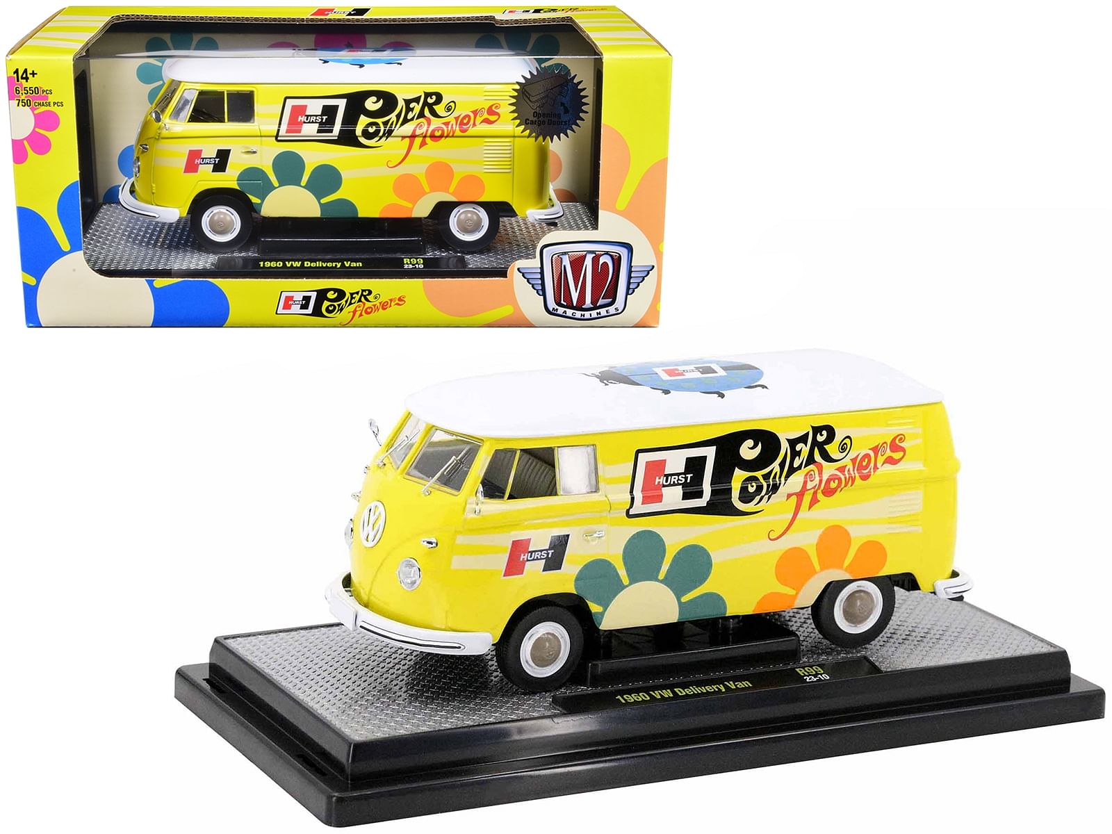 1960 Volkswagen Delivery Van Yellow with Bright White Top and Flower Graphics “Hurst Power Flowers” Limited Edition to 6550 pieces Worldwide 1/24 Diecast Model Car by M2 Machines