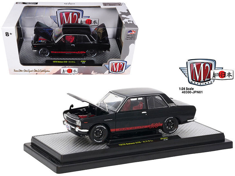 1970 Datsun 510 “Auto-Japan” Gloss Black with Bright Red Stripes 1/24 Diecast Model Car by M2 Machines