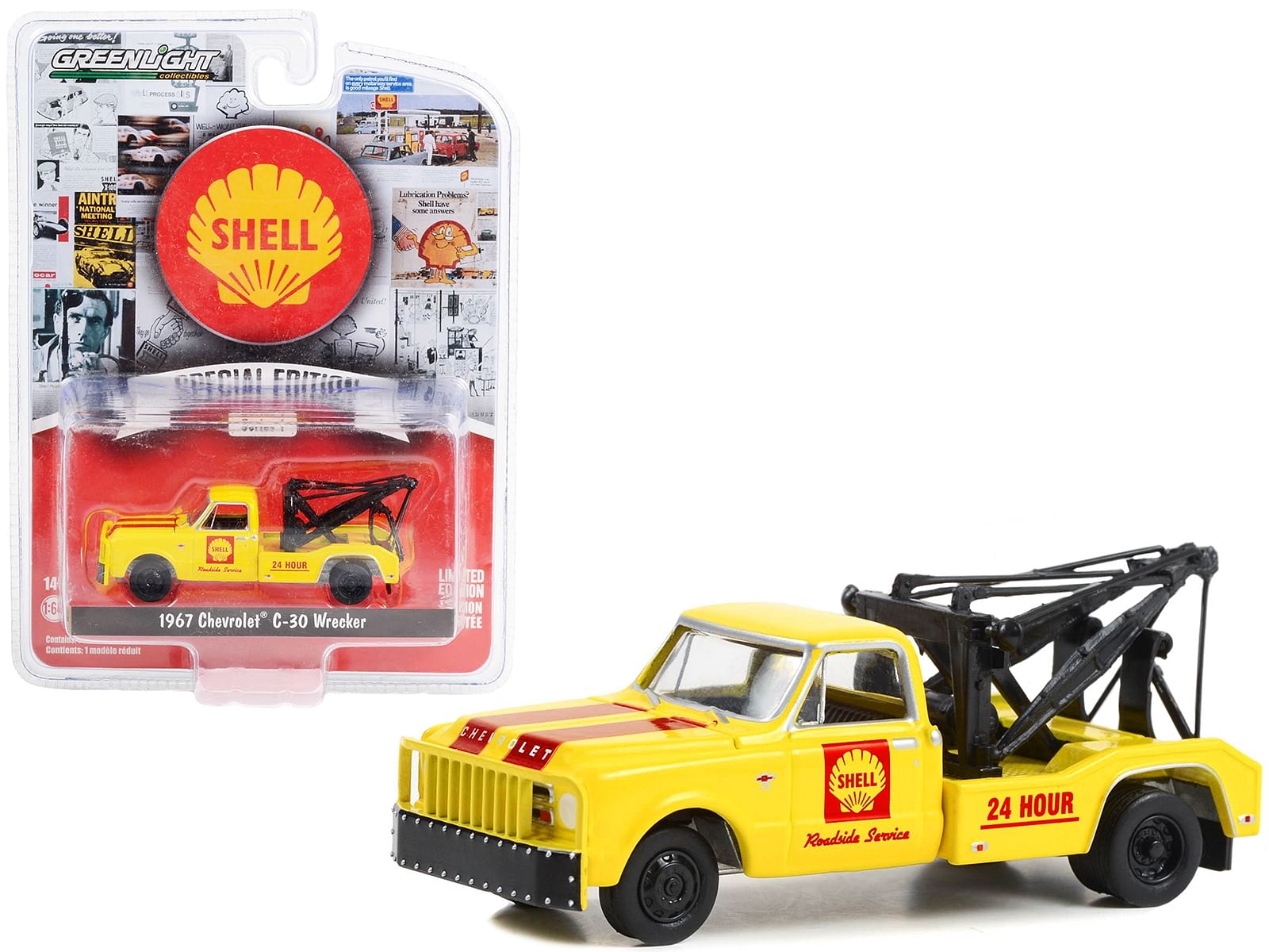 1967 Chevrolet C-30 Wrecker Tow Truck Yellow with Red Stripes “Shell Roadside Service 24 Hour” “Shell Oil Special Edition” Series 1 1/64 Diecast Model Car by Greenlight