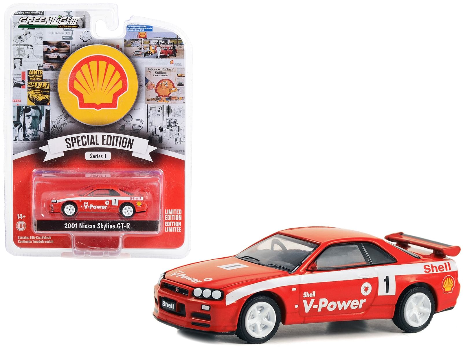 2001 Nissan Skyline GT-R (R34) #1 Red with White Stripes “Shell Racing” “Shell Oil Special Edition” Series 1 1/64 Diecast Model Car by Greenlight