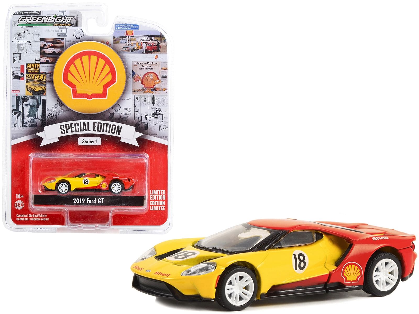 2019 Ford GT #18 Yellow and Red “Shell Oil” “Shell Oil Special Edition” Series 1 1/64 Diecast Model Car by Greenlight