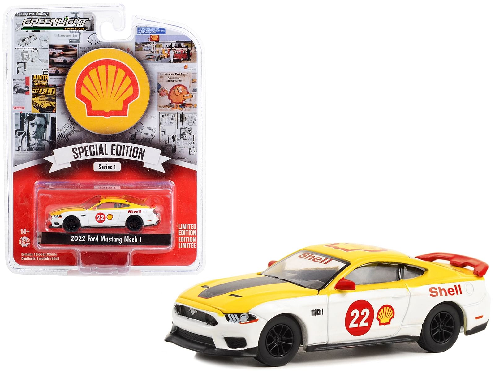 2022 Ford Mustang Mach 1 #22 Yellow and White “Shell Racing” “Shell Oil Special Edition” Series 1 1/64 Diecast Model Car by Greenlight