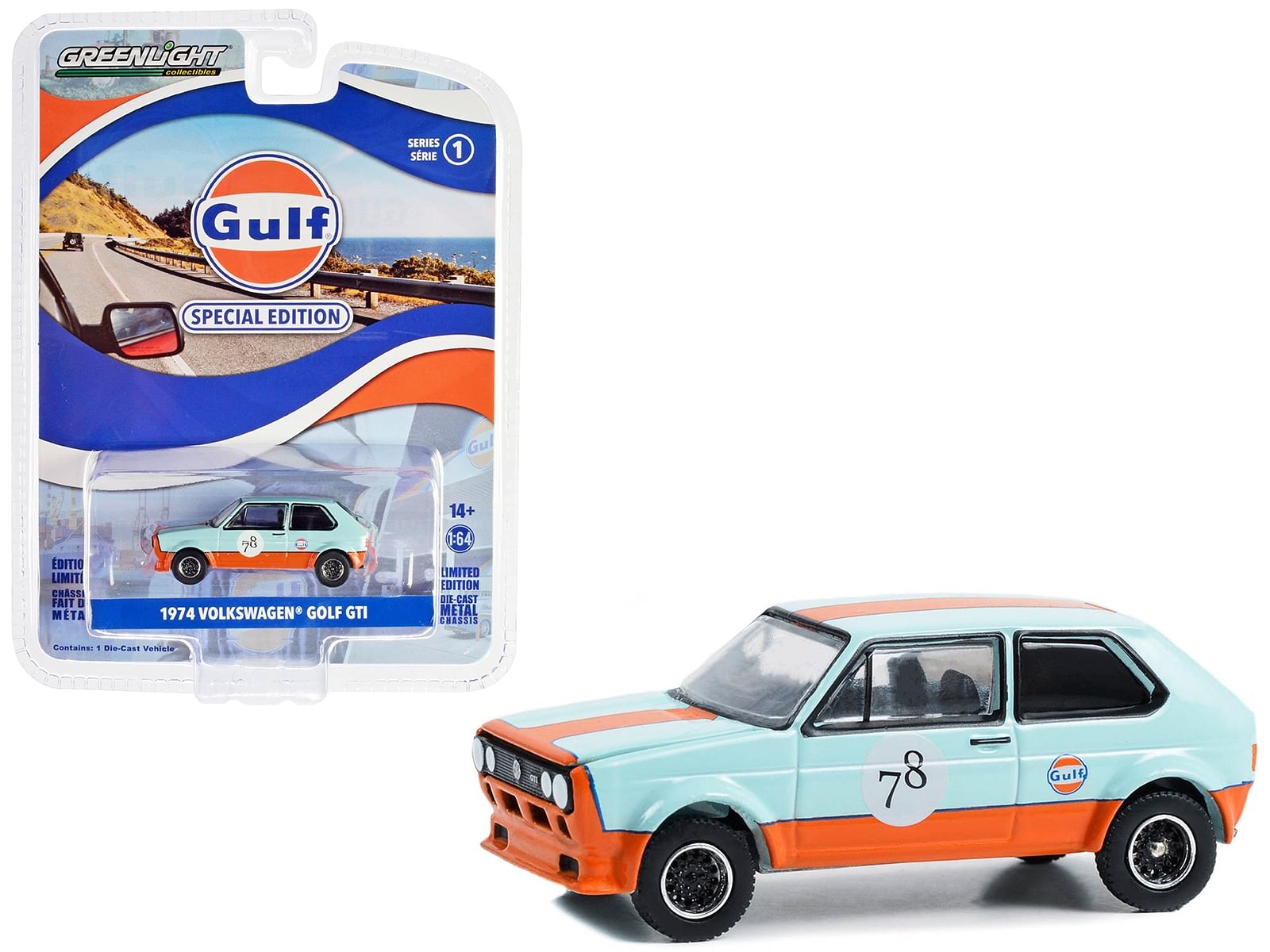 1974 Volkswagen Golf GTI Widebody #78 Light Blue with Orange Stripe “Gulf Oil Special Edition” Series 1 1/64 Diecast Model by Greenlight