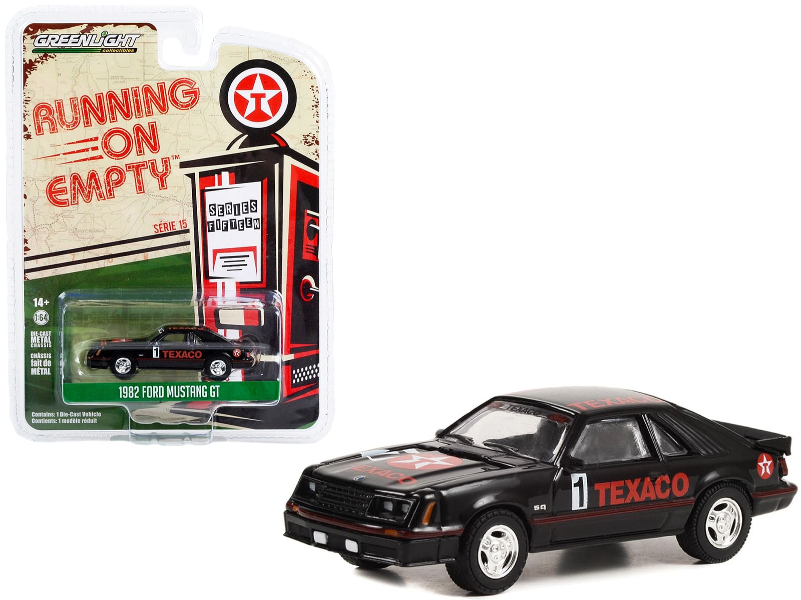 1982 Ford Mustang GT #1 Black “Texaco” “Running on Empty” Series 15 1/64 Diecast Model Car by Greenlight