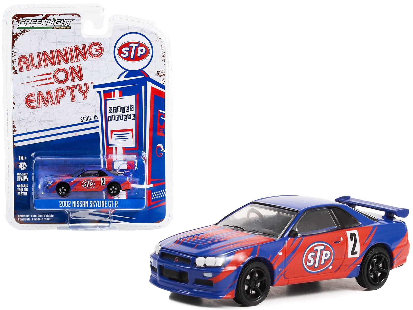 2002 Nissan Skyline GT-R (R34) #2 Blue with Red Graphics “STP” “Running on Empty” Series 15 1/64 Diecast Model Car by Greenlight