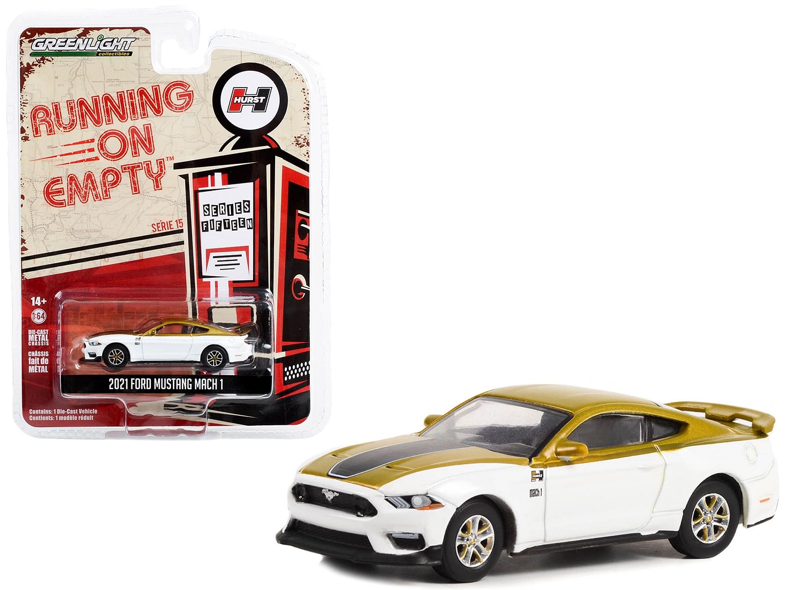 2021 Ford Mustang Mach 1 White and Gold with Black Stripe “Hurst Performance” “Running on Empty” Series 15 1/64 Diecast Model Car by Greenlight