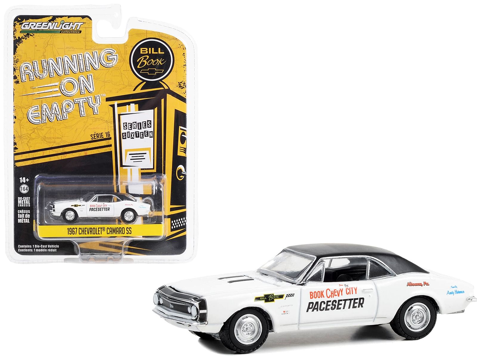 1967 Chevrolet Camaro SS White with Black Top “Book City Chevy Pacesetter – Altoona Pennsylvania” “Running on Empty” Series 16 1/64 Diecast Model Car by Greenlight