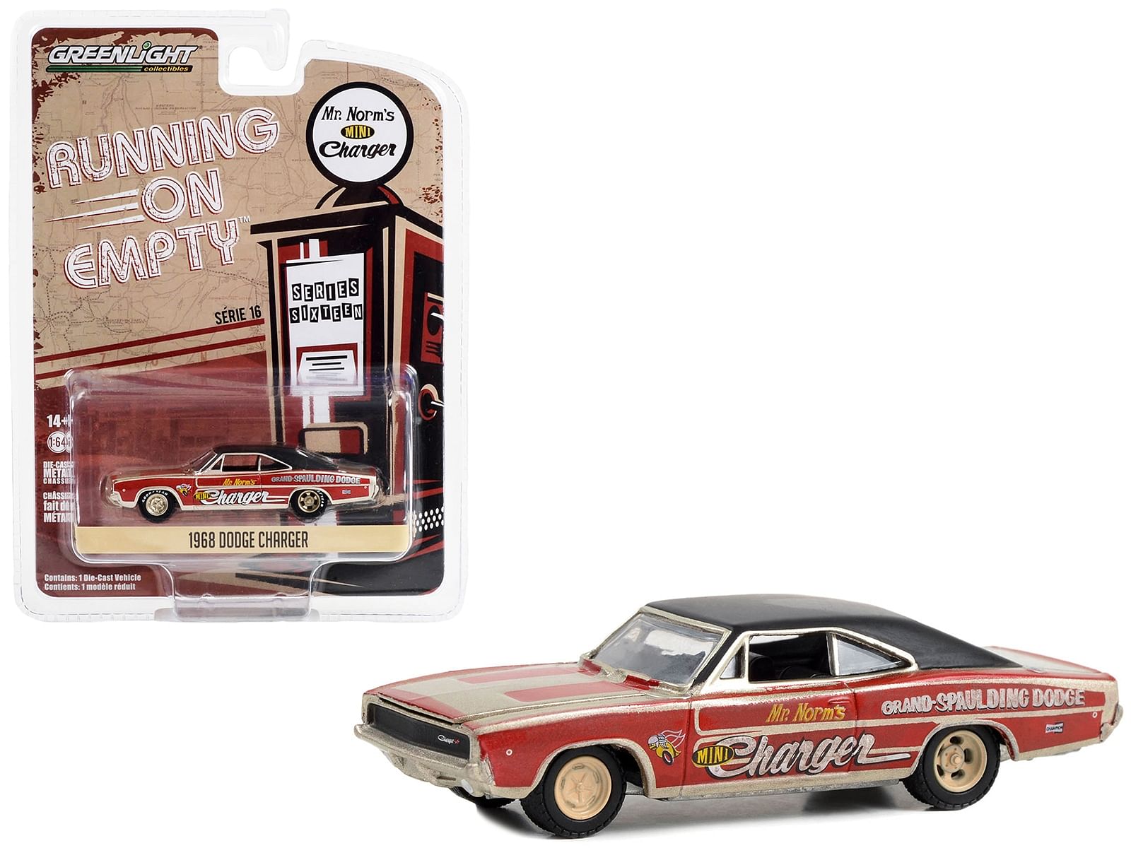 1968 Dodge Charger Dark Red and Gold with Black Top “Grand Spalding Dodge Mr. Norm”s Mini Charger Funny Car Tribute” “Running on Empty” Series 16 1/64 Diecast Model Car by Greenlight