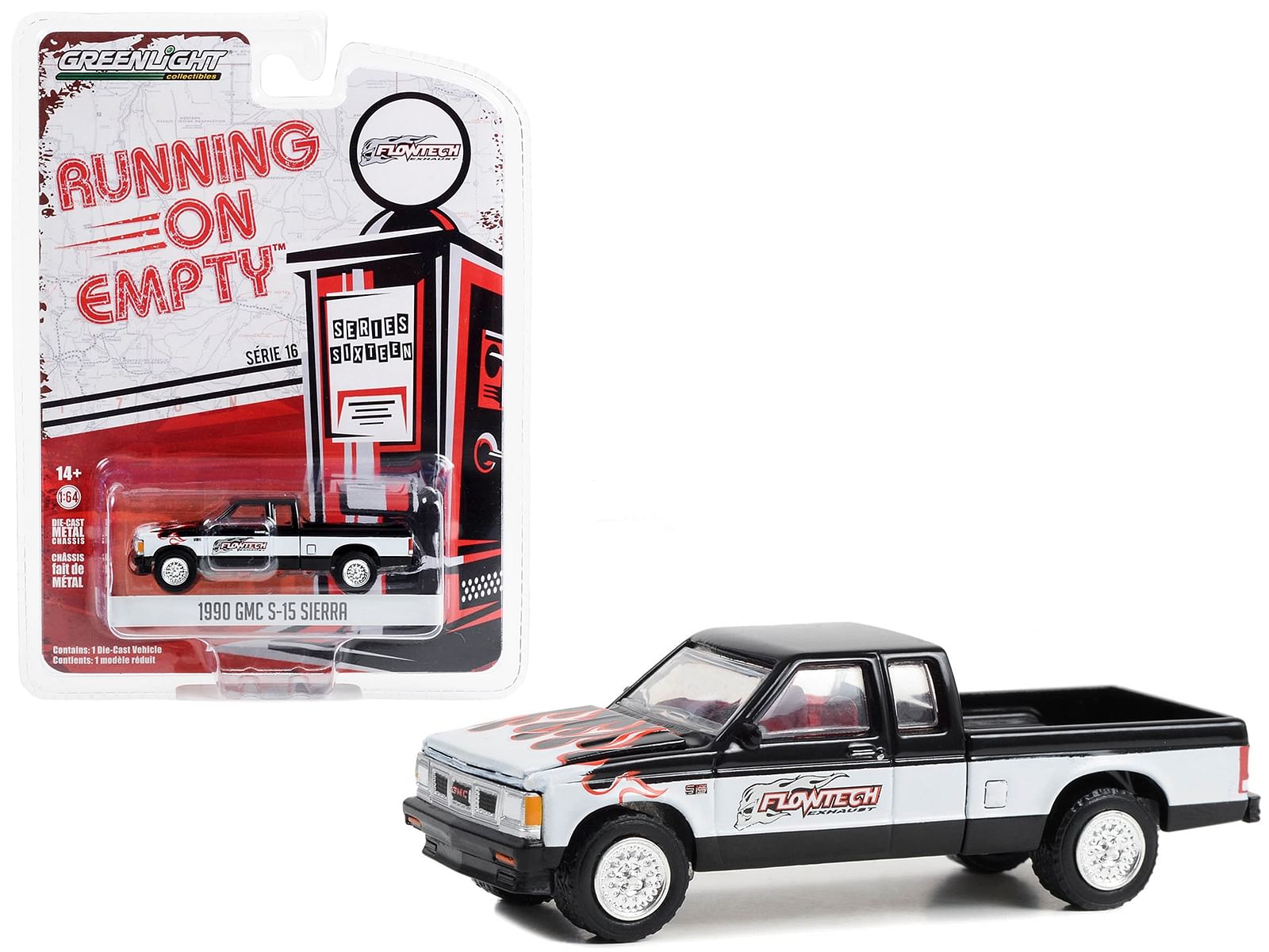 1990 GMC S-15 Sierra Pickup Truck Black and White with Flames “Flowtech Exhaust” “Running on Empty” Series 16 1/64 Diecast Model Car by Greenlight