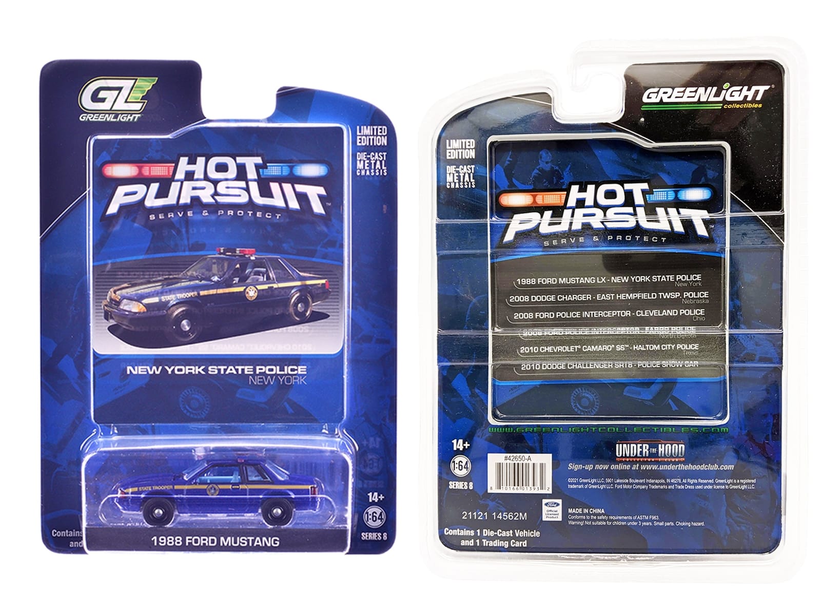 1988 Ford Mustang "New York State Police" Blue with Yellow Stripes and Blue Interior "Hot Pursuit" Series 8 1/64 Diecast Model Car by Greenlight - Image 3
