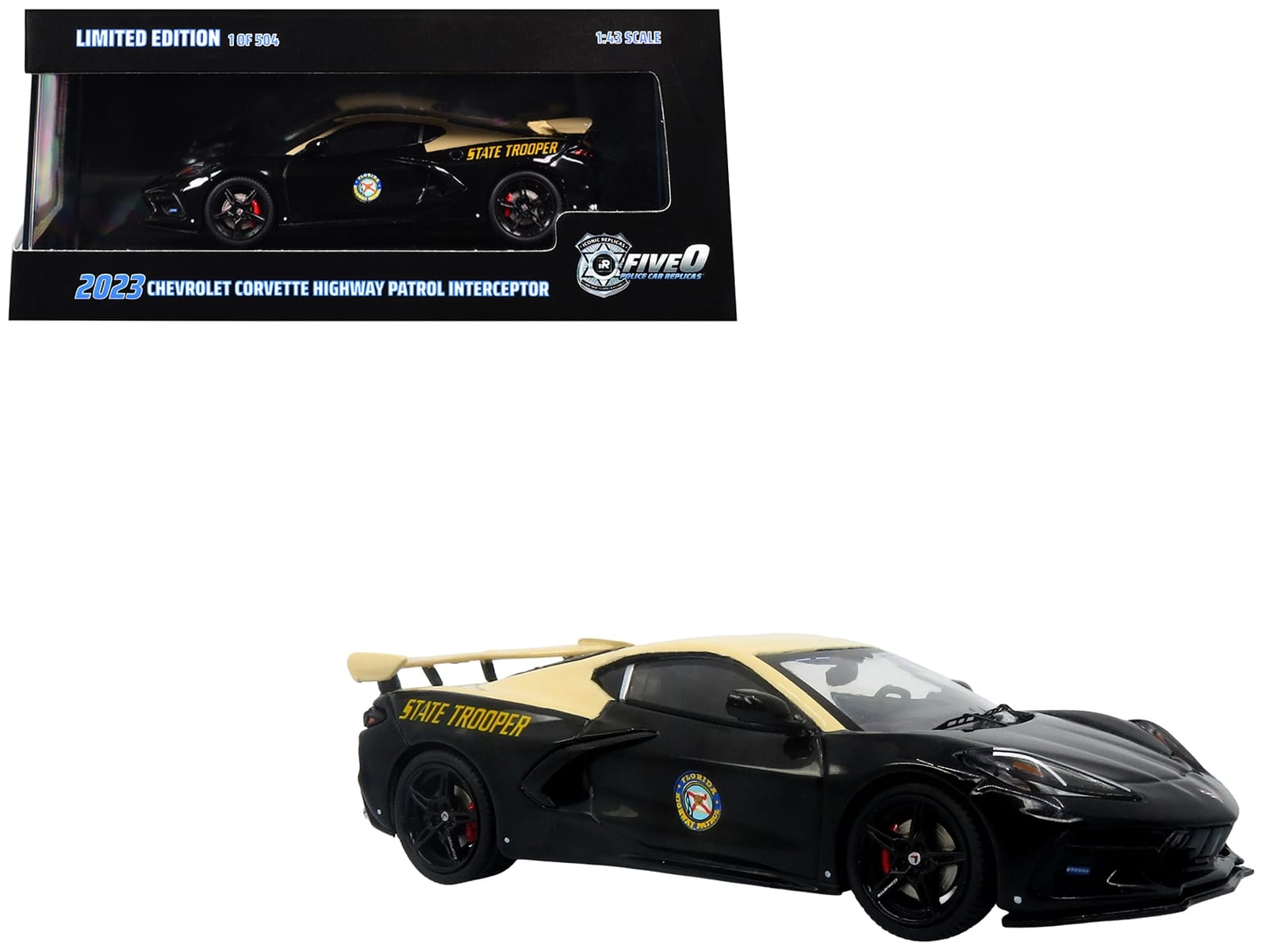 2023 Chevrolet Corvette C8 Stingray Police Interceptor "Florida Highway Patrol (FHP)" Black with Cream Top 1/43 Diecast Model by Iconic Replicas