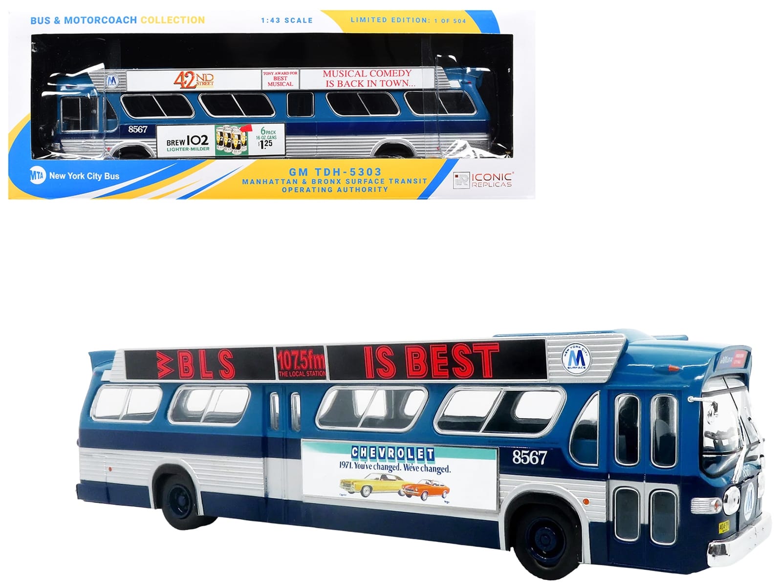 1963 GM TDH-5303 Transit Bus "MTA New York City Surface Transit" Blue Two-Tone with Graphics "The Bus & Motorcoach Collection" Limited Edition to 504 pieces Worldwide  1/43 Plastic Model by Iconic Replicas