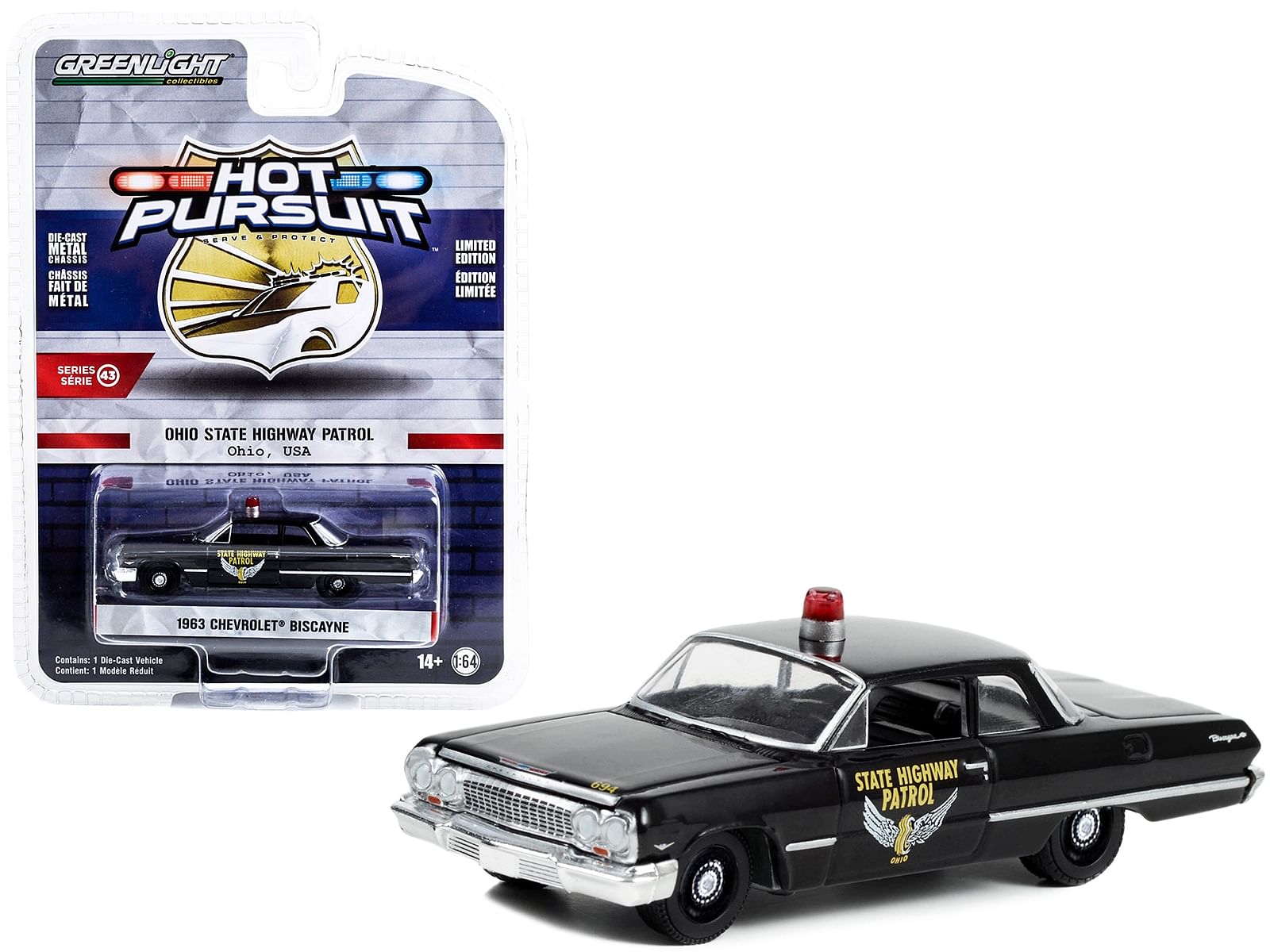 1963 Chevrolet Biscayne Black “Ohio State Highway Patrol” “Hot Pursuit” Series 43 1/64 Diecast Model Car by Greenlight