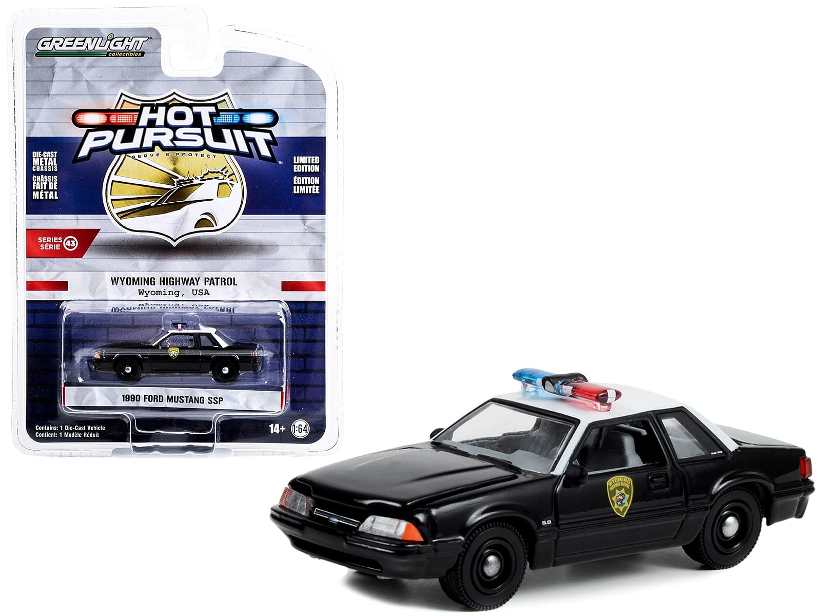 1990 Ford Mustang SSP Black and White “Wyoming Highway Patrol” “Hot Pursuit” Series 43 1/64 Diecast Model Car by Greenlight