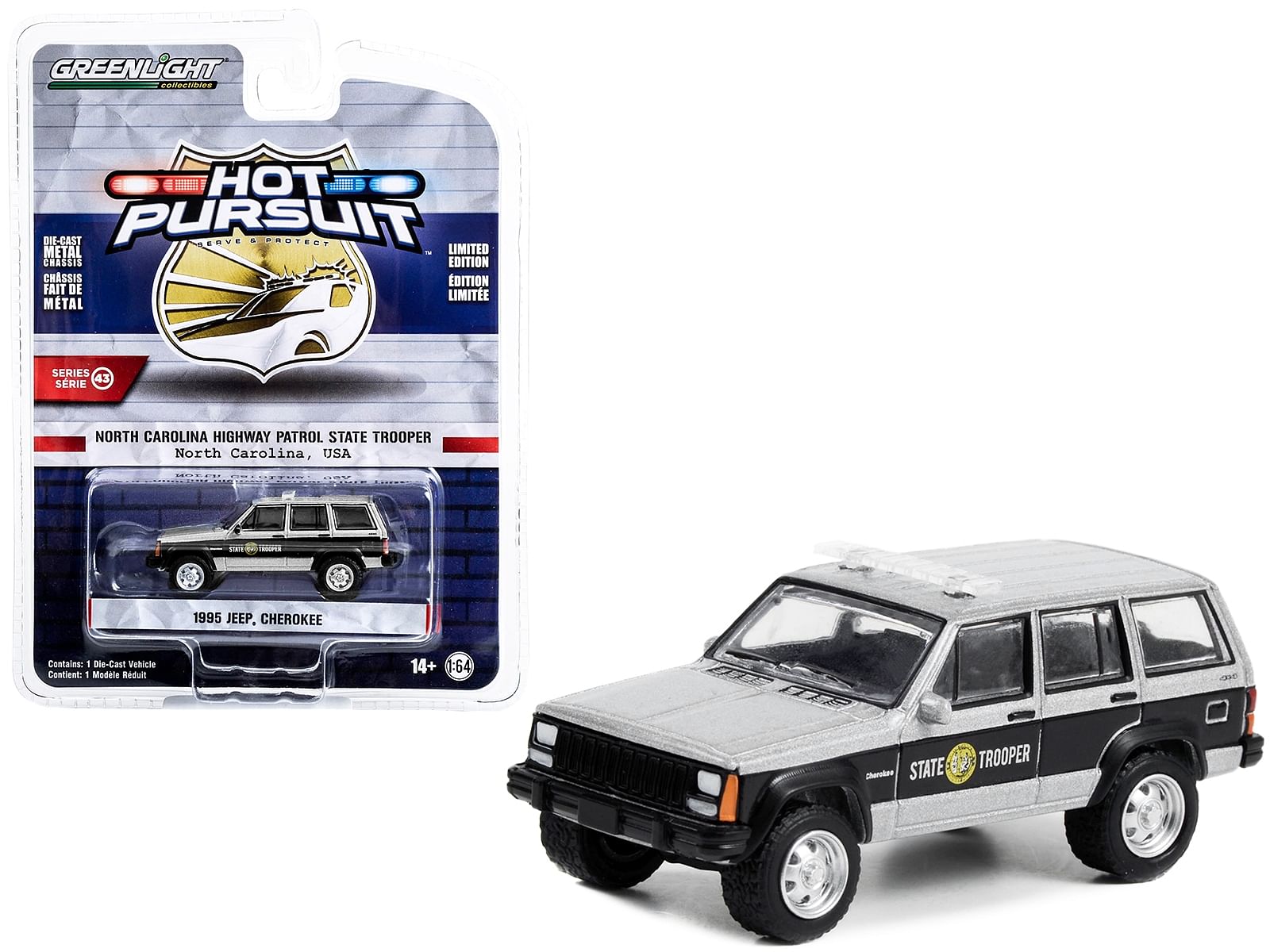 1995 Jeep Cherokee Black and Silver Metallic “North Carolina Highway Patrol State Trooper” “Hot Pursuit” Series 43 1/64 Diecast Model Car by Greenlight