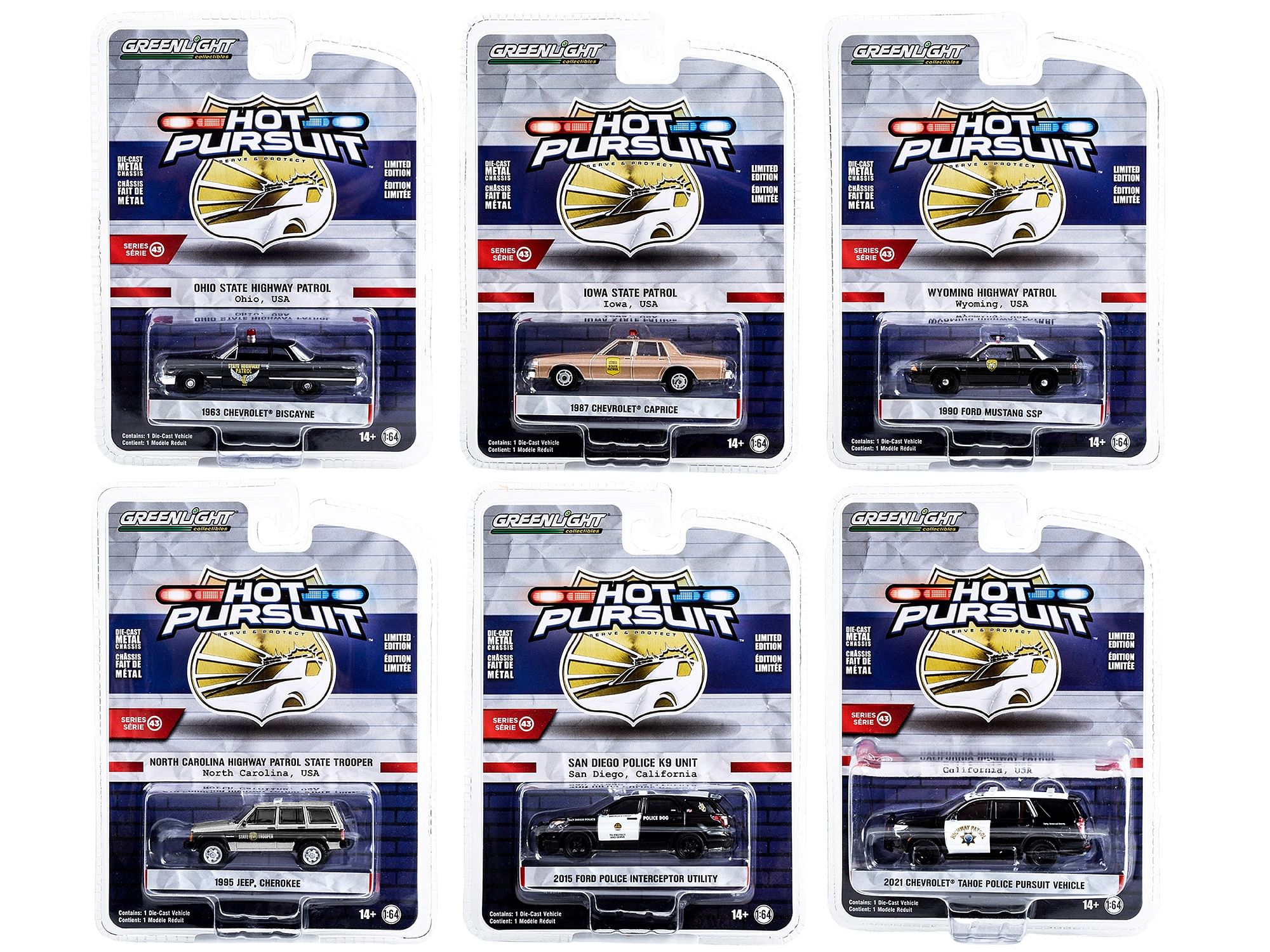 “Hot Pursuit” Set of 6 Police Cars Series 43 1/64 Diecast Model Cars by Greenlight