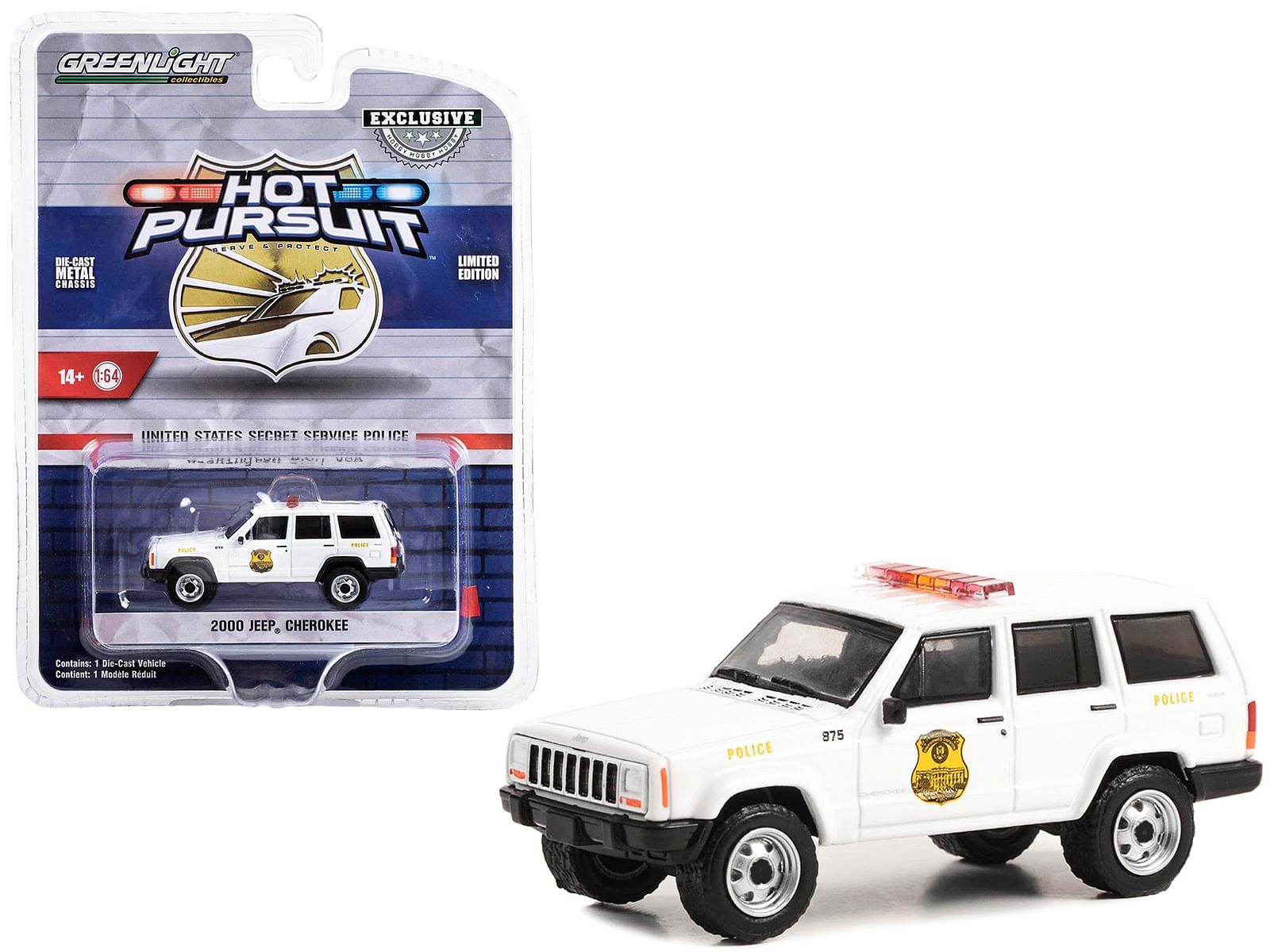 2000 Jeep Cherokee White “United States Secret Service Police” Washington DC “Hot Pursuit” Special Edition 1/64 Diecast Model Car by Greenlight