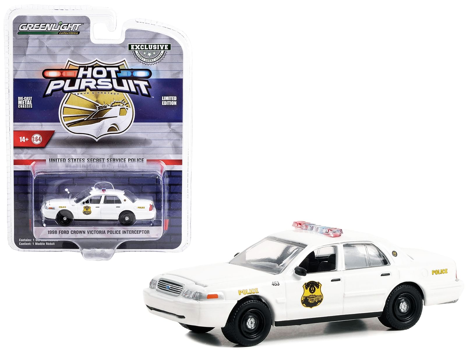 1998 Ford Crown Victoria Police Interceptor White “United States Secret Service Police” Washington DC “Hot Pursuit” Special Edition 1/64 Diecast Model Car by Greenlight