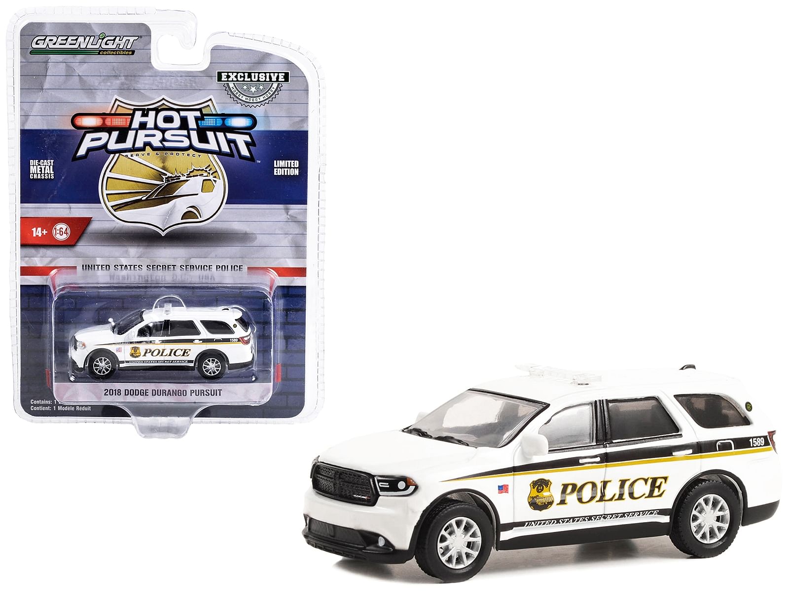 2018 Dodge Durango Pursuit White “United States Secret Service Police” Washington DC “Hot Pursuit” Special Edition 1/64 Diecast Model Car by Greenlight