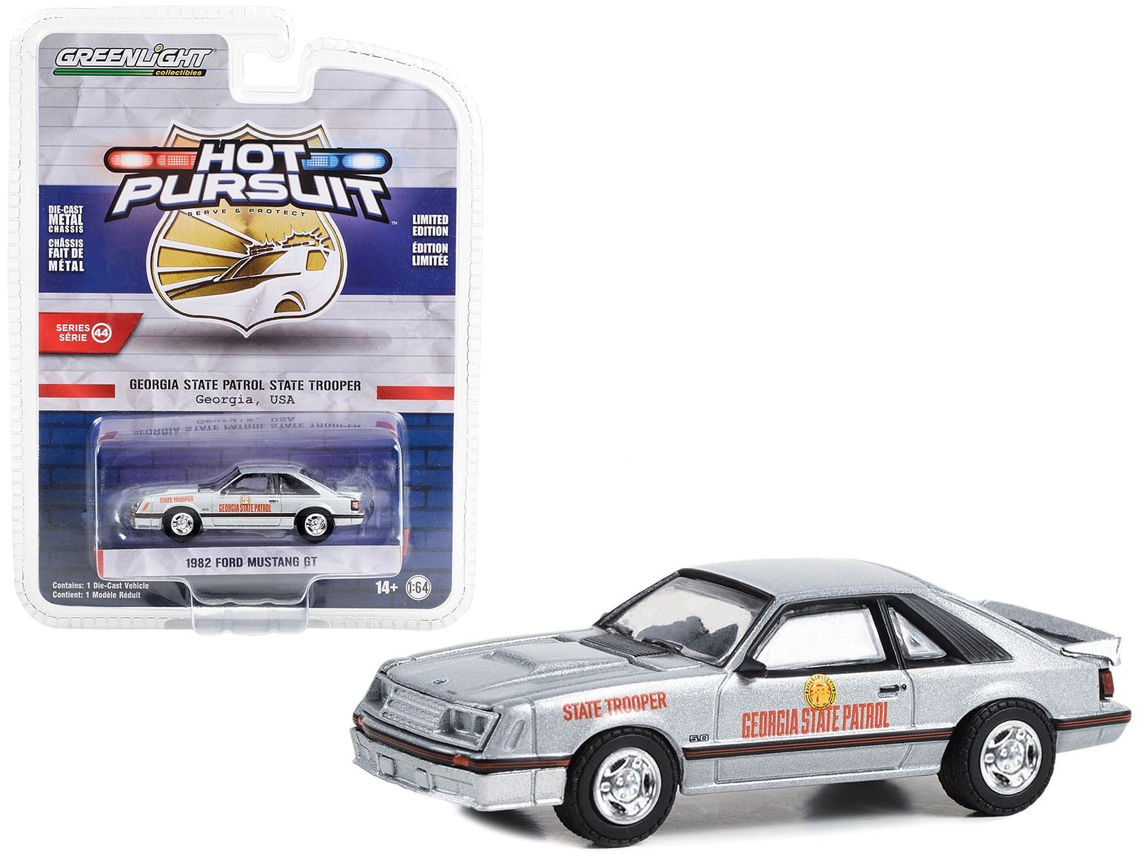 1982 Ford Mustang GT Silver Metallic “Georgia State Patrol State Trooper” “Hot Pursuit” Series 44 1/64 Diecast Model Car by Greenlight