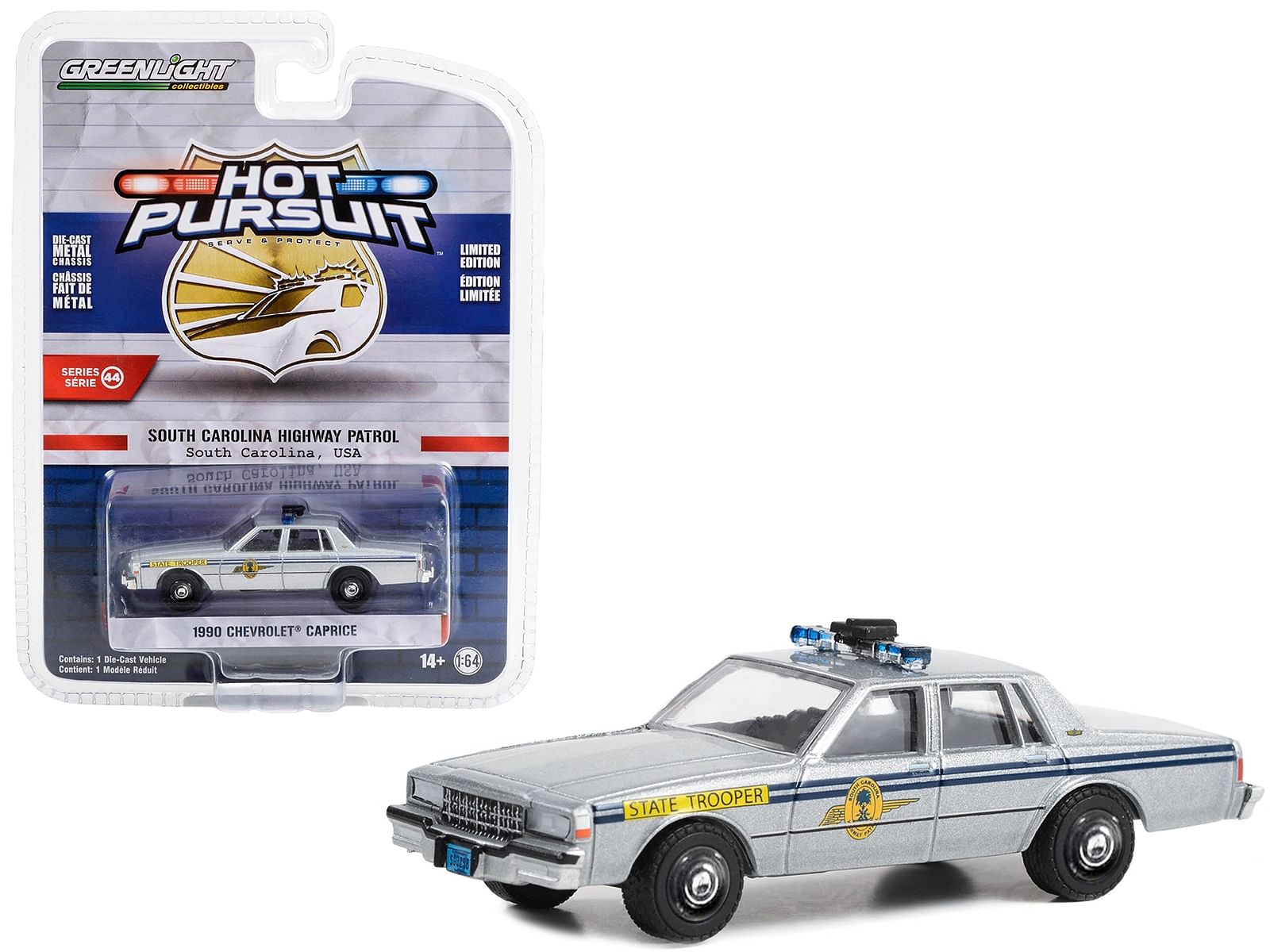 1990 Chevrolet Caprice Silver Metallic “South Carolina Highway Patrol” “Hot Pursuit” Series 44 1/64 Diecast Model Car by Greenlight