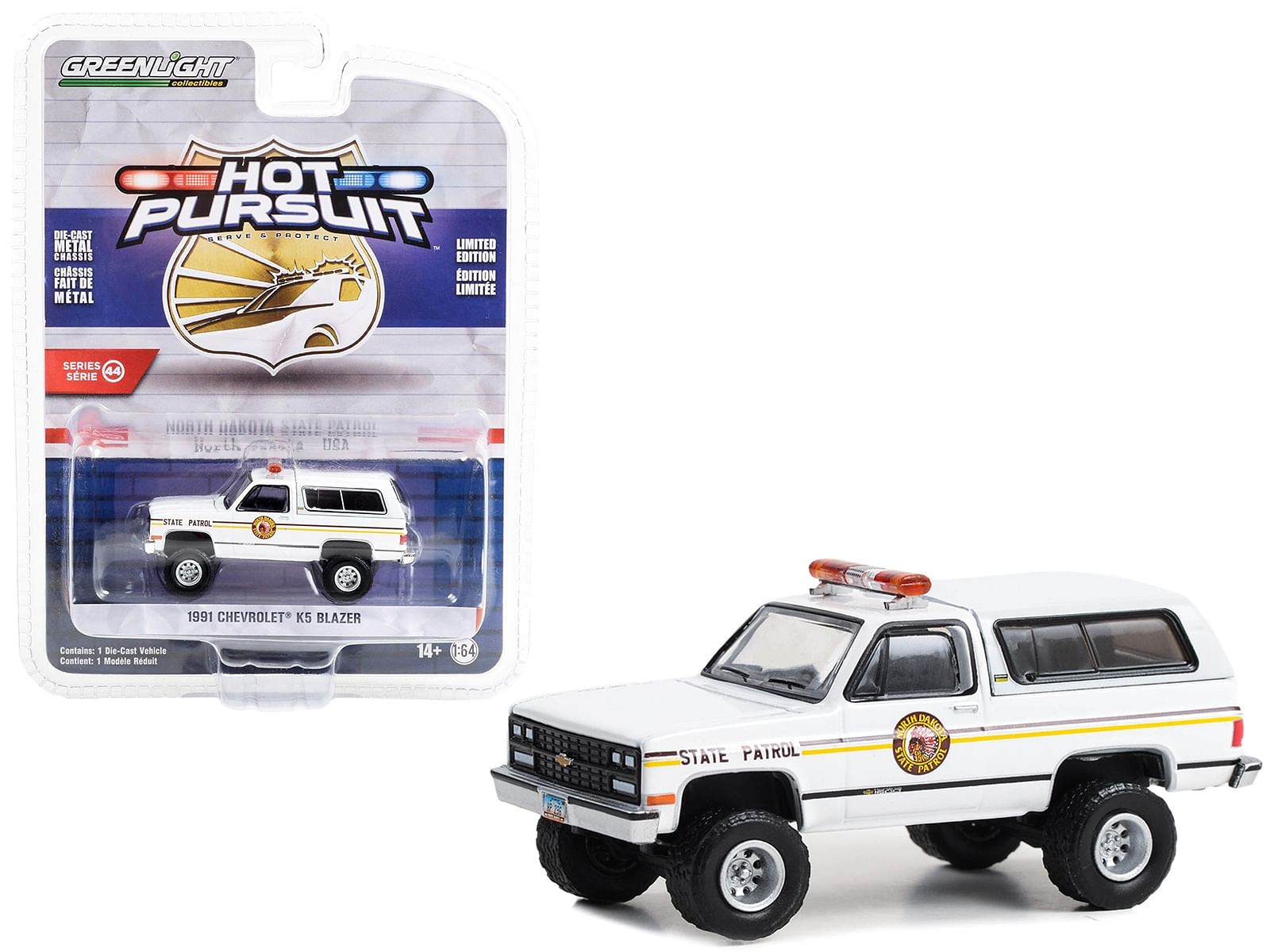 1991 Chevrolet K5 Blazer White “North Dakota State Patrol” “Hot Pursuit” Series 44 1/64 Diecast Model Car by Greenlight