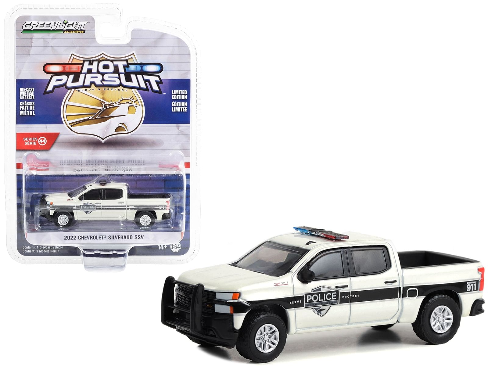 2022 Chevrolet Silverado SSV Pickup Truck White Metallic “General Motors Fleet Police” “Hot Pursuit” Series 44 1/64 Diecast Model Car by Greenlight