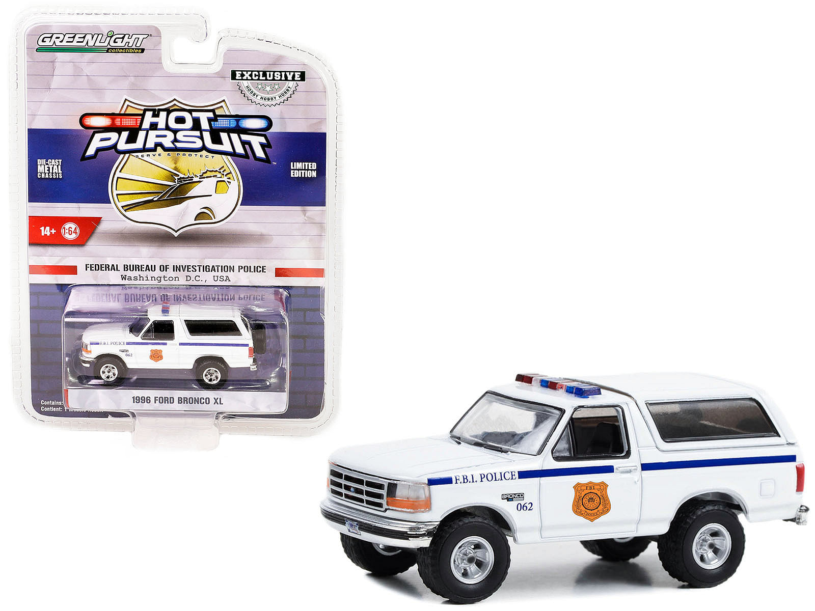 1996 Ford Bronco XL White “FBI Police (Federal Bureau of Investigation Police)” “Hot Pursuit” Special Edition 1/64 Diecast Model Car by Greenlight