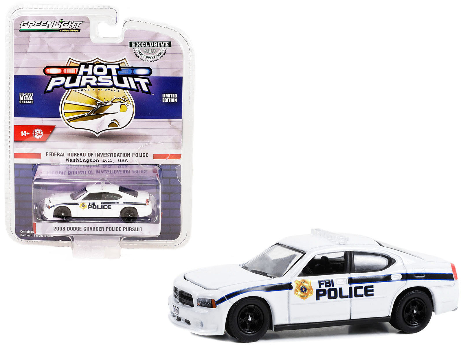 2008 Dodge Charger Police Pursuit White “FBI Police (Federal Bureau of Investigation Police)” “Hot Pursuit” Special Edition 1/64 Diecast Model Car by Greenlight