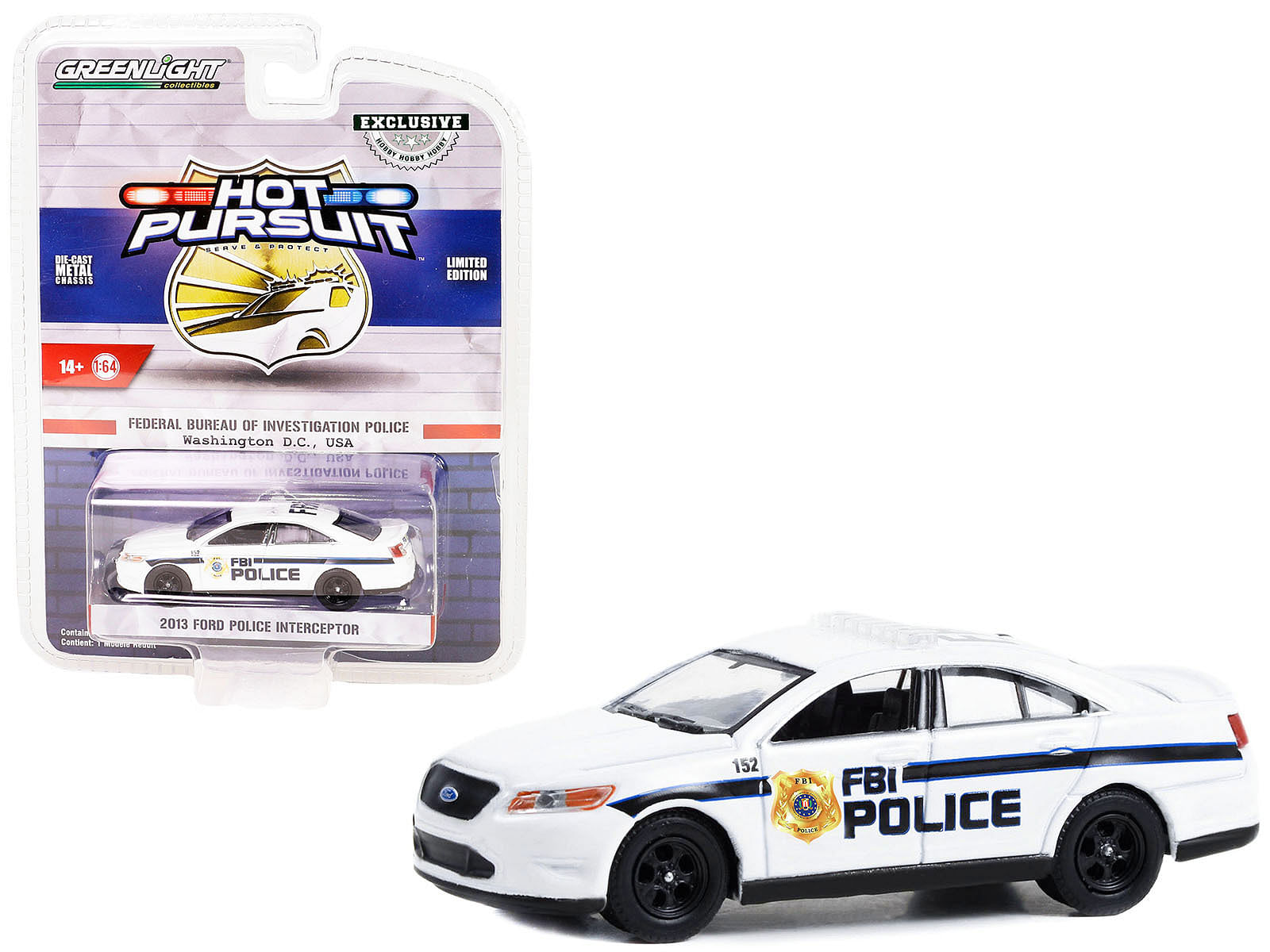 2013 Ford Police Interceptor White “FBI Police (Federal Bureau of Investigation Police)” “Hot Pursuit” Special Edition 1/64 Diecast Model Car by Greenlight