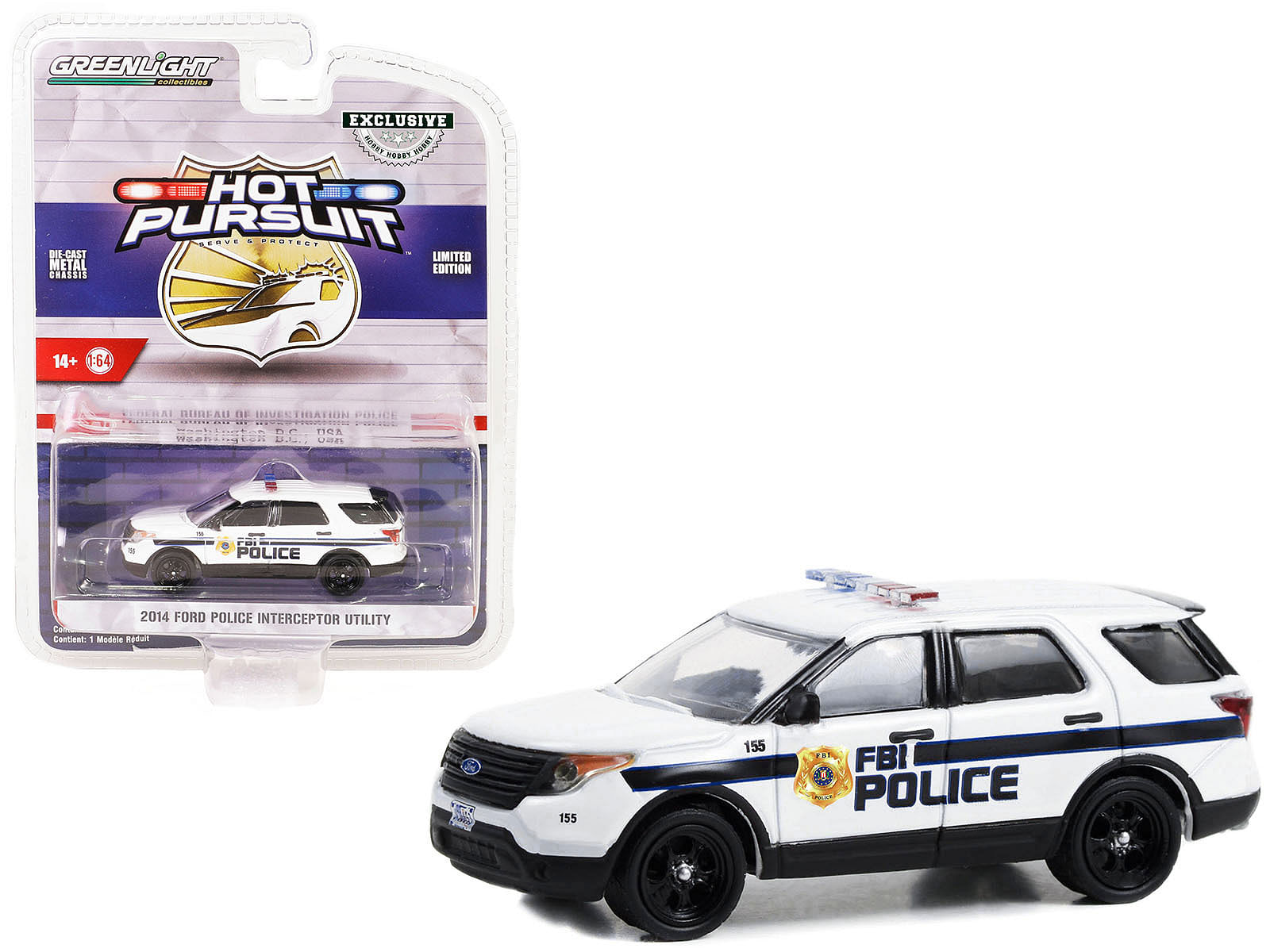 2014 Ford Police Interceptor Utility White “FBI Police (Federal Bureau of Investigation Police)” “Hot Pursuit” Special Edition 1/64 Diecast Model Car by Greenlight