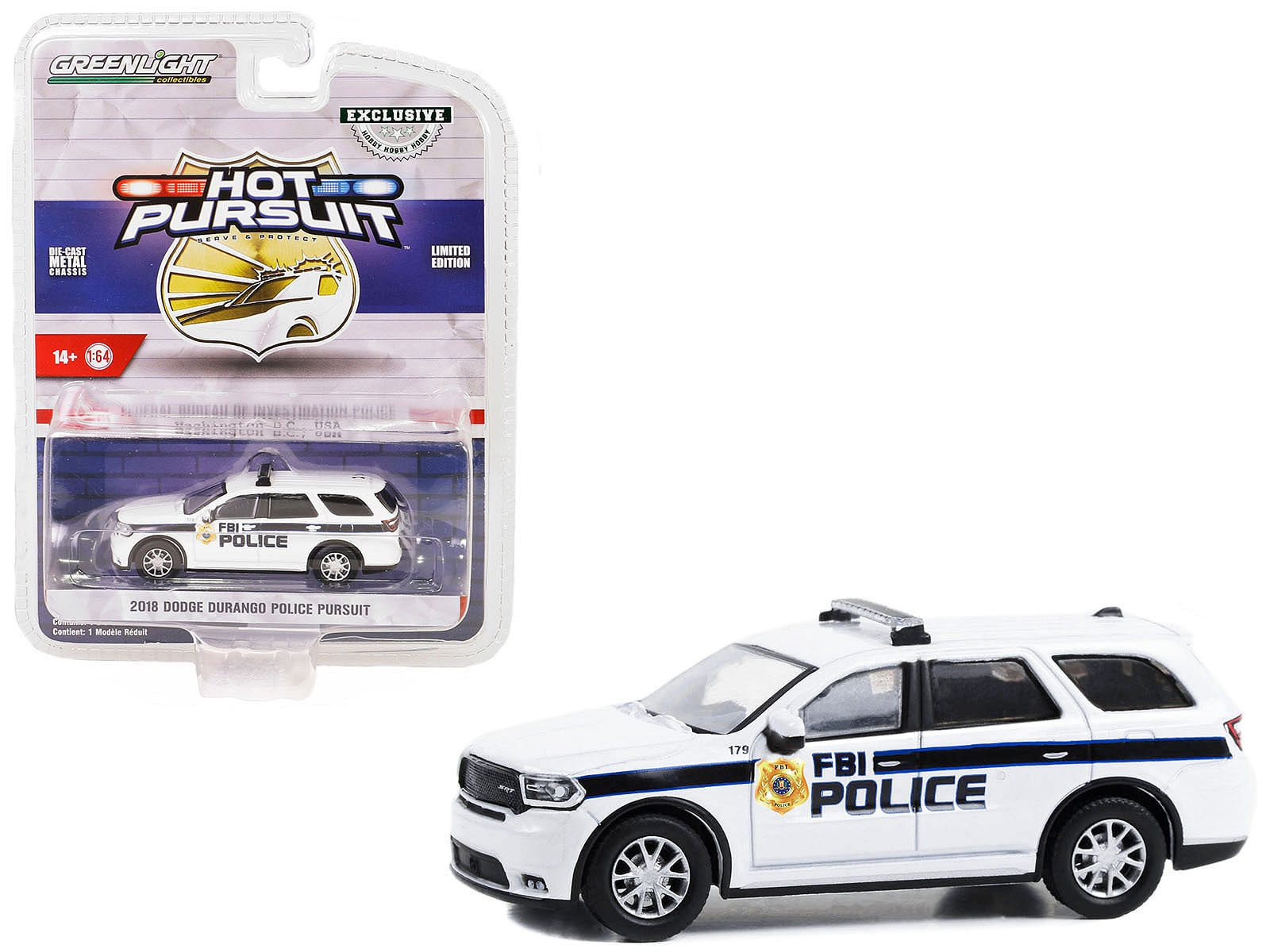 2018 Dodge Durango Police Pursuit White “FBI Police (Federal Bureau of Investigation Police)” “Hot Pursuit” Special Edition 1/64 Diecast Model Car by Greenlight