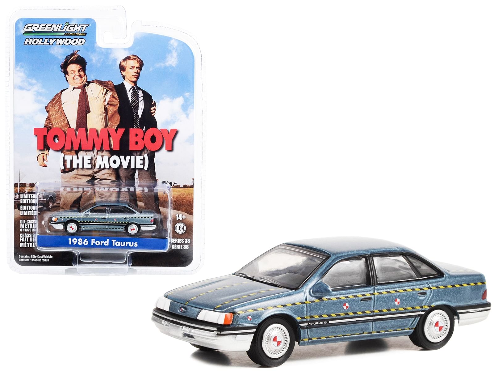 1986 Ford Taurus Blue Metallic “Zalinsky Auto Parts” Crash Test Vehicle “Tommy Boy” (1995) Movie “Hollywood Series” Release 38 1/64 Diecast Model Car by Greenlight