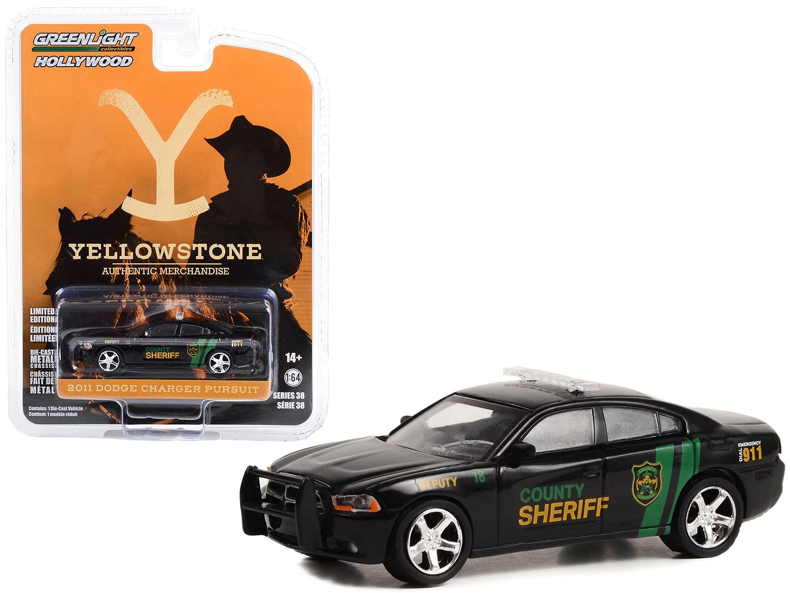 2011 Dodge Charger Pursuit #18 “County Sheriff Deputy” Black “Yellowstone” (2018-Current) TV Series “Hollywood Series” Release 38 1/64 Diecast Model Car by Greenlight