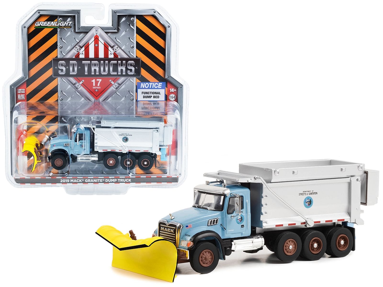 2019 Mack Granite Dump Truck with Snow Plow and Salt Spreader Light Blue “Chicago Department of Streets & Sanitation” “S.D. Trucks” Series 17 1/64 Diecast Model Car by Greenlight