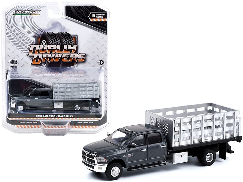 2018 Ram 3500 Dually Stake Truck Granite Crystal Gray Metallic Clearcoat “Dually Drivers” Series 6 1/64 Diecast Model Car by Greenlight