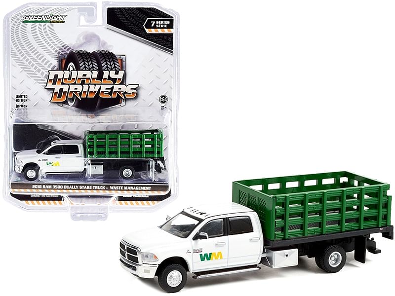 2018 RAM 3500 Dually Stake Truck “Waste Management” White and Green “Dually Drivers” Series 7 1/64 Diecast Model Car by Greenlight