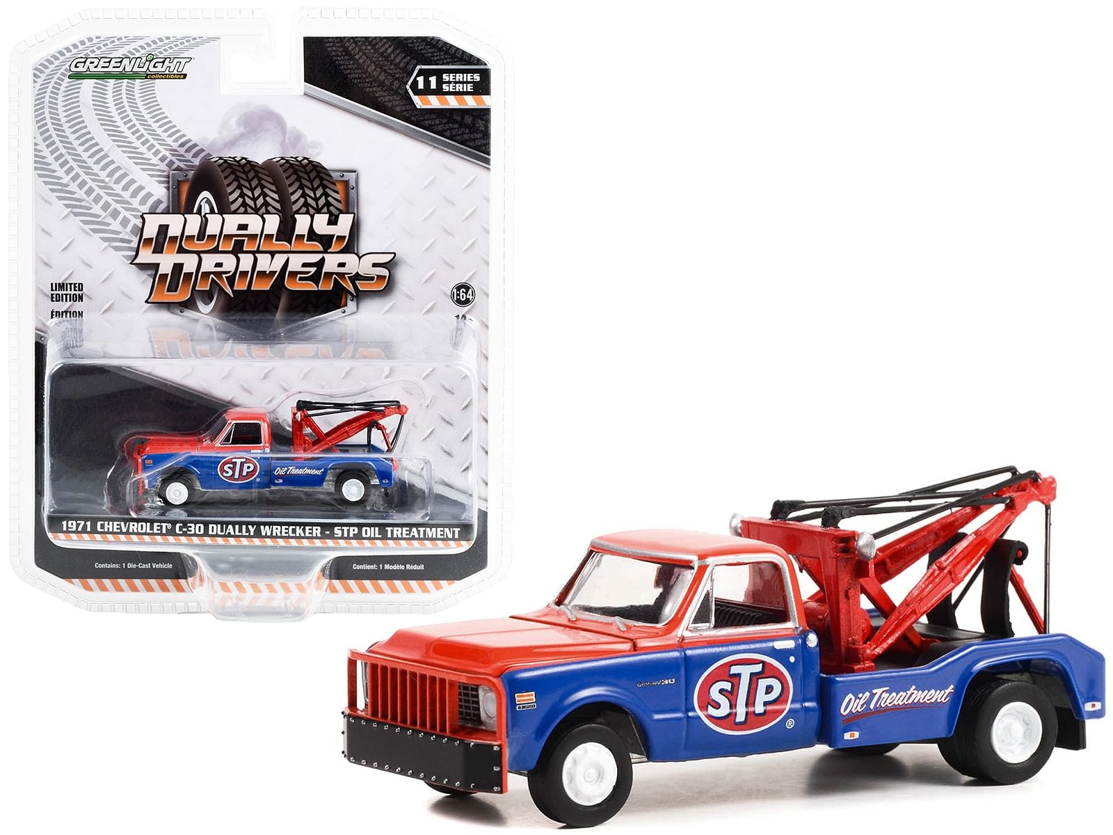 1971 Chevrolet C-30 Dually Wrecker Tow Truck “STP Oil Treatment” Red and Blue “Dually Drivers” Series 11 1/64 Diecast Model Car by Greenlight