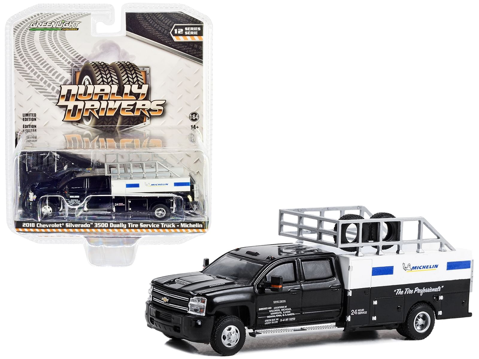 2018 Chevrolet Silverado 3500 Dually Tire Service Truck Black “Michelin: The Tire Professionals” “Dually Drivers” Series 12 1/64 Diecast Model Car by Greenlight