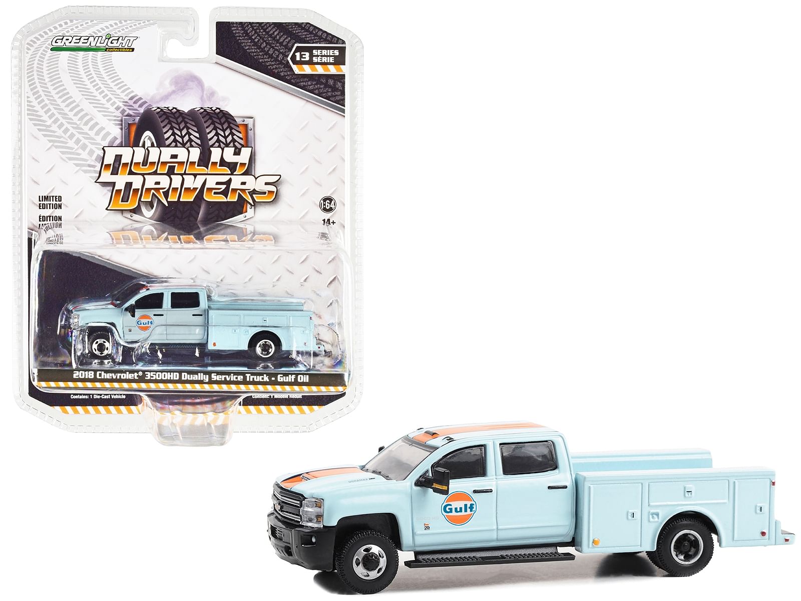 2018 Chevrolet 3500HD Dually Service Truck Light Blue with Orange Stripe “Gulf Oil” “Dually Drivers” Series 13 1/64 Diecast Model Car by Greenlight