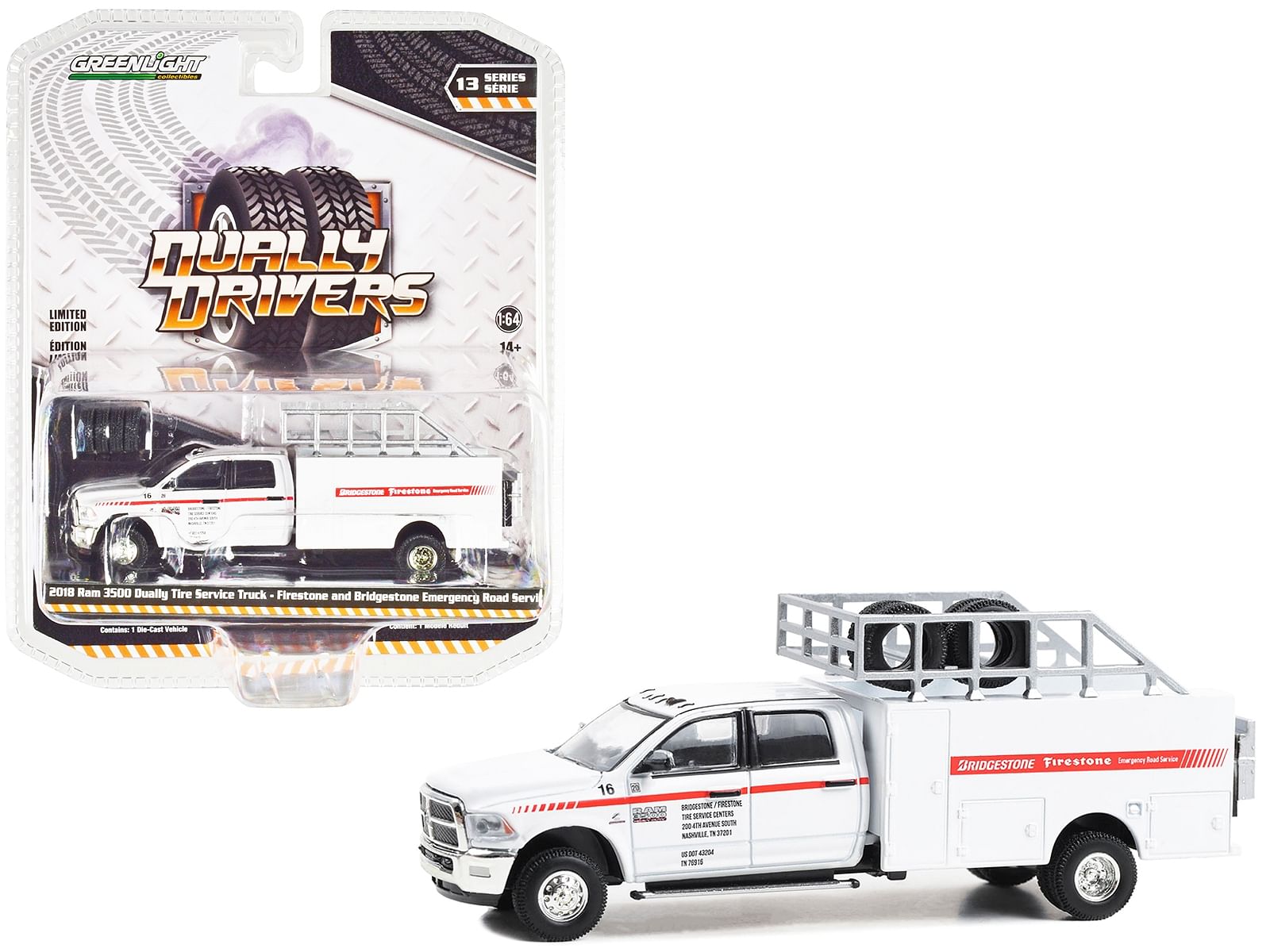 2018 Ram 3500 Dually Tire Service Truck White “Firestone and Bridgestone Emergency Road Service” “Dually Drivers” Series 13 1/64 Diecast Model Car by Greenlight