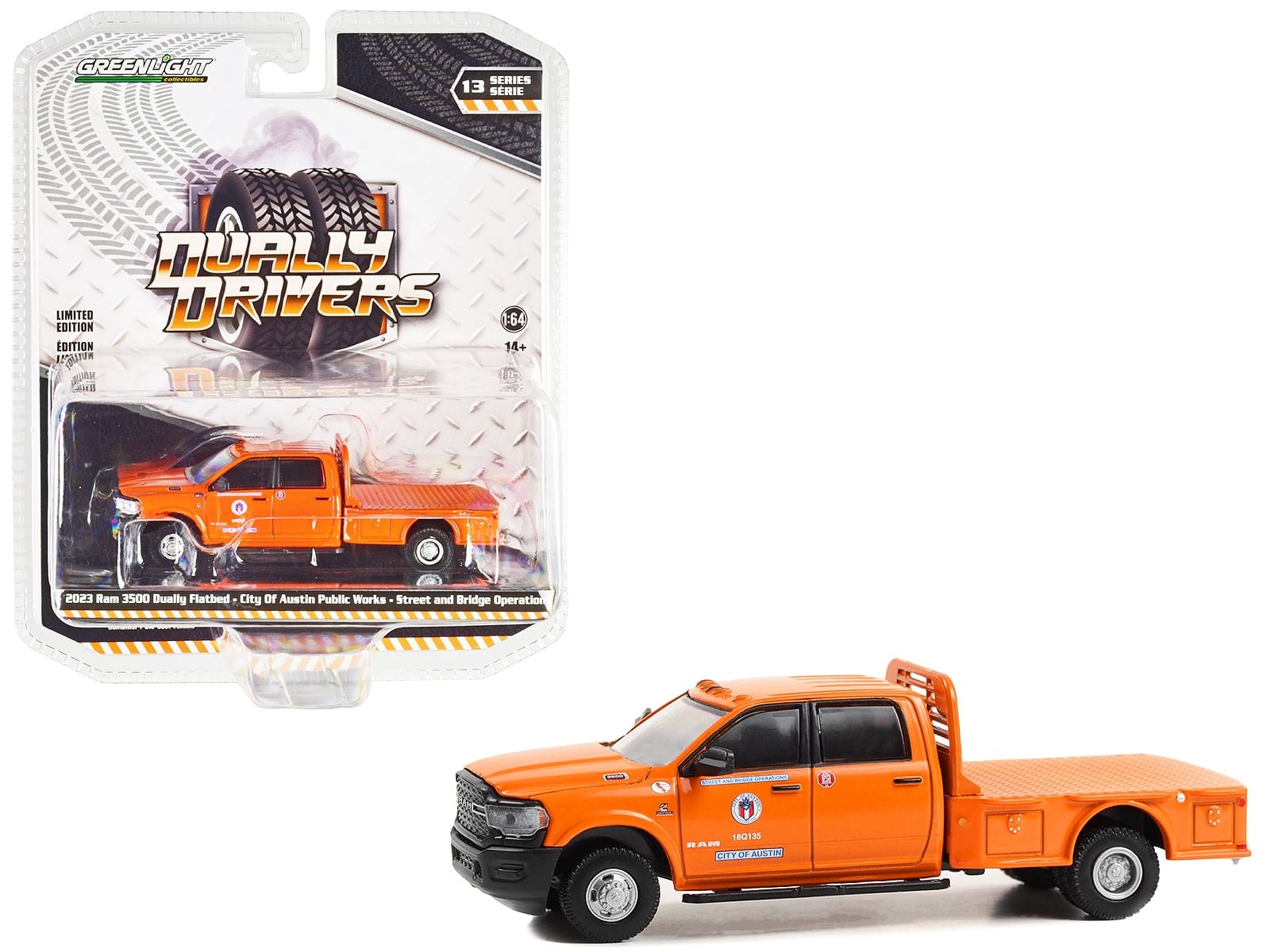 2023 Ram 3500 Dually Flatbed Truck Orange “City Of Austin Public Works – Street and Bridge Operations Austin Texas” “Dually Drivers” Series 13 1/64 Diecast Model Car by Greenlight