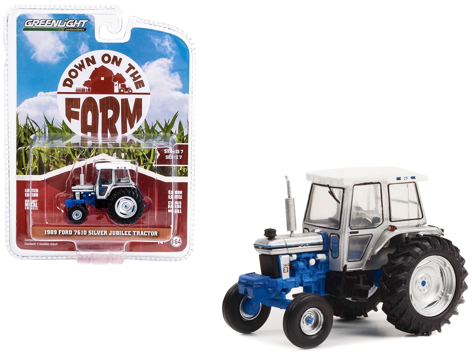 1989 Ford 7610 Silver Jubilee Tractor Silver and Blue with White Top “Down on the Farm” Series 7 1/64 Diecast Model Cars by Greenlight