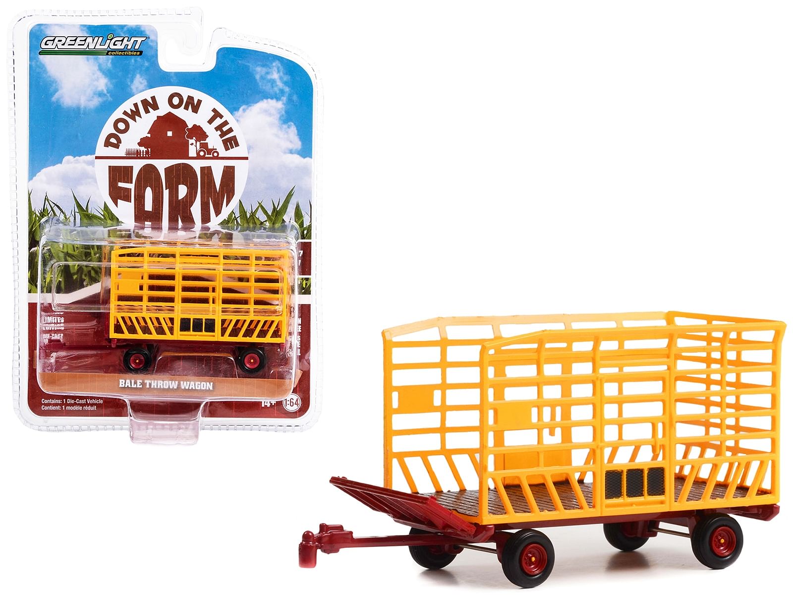 Bale Throw Wagon Yellow and Red “Down on the Farm” Series 7 1/64 Diecast Model by Greenlight